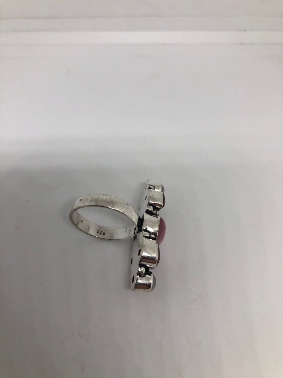 Vintage Blue White Rainbow Moonstone antique Glass Silver Ring