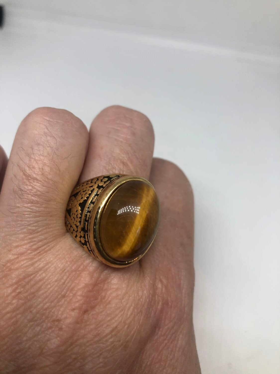 Vintage Gothic Golden Stainless Steel Genuine Tigers Eye Mens Ring