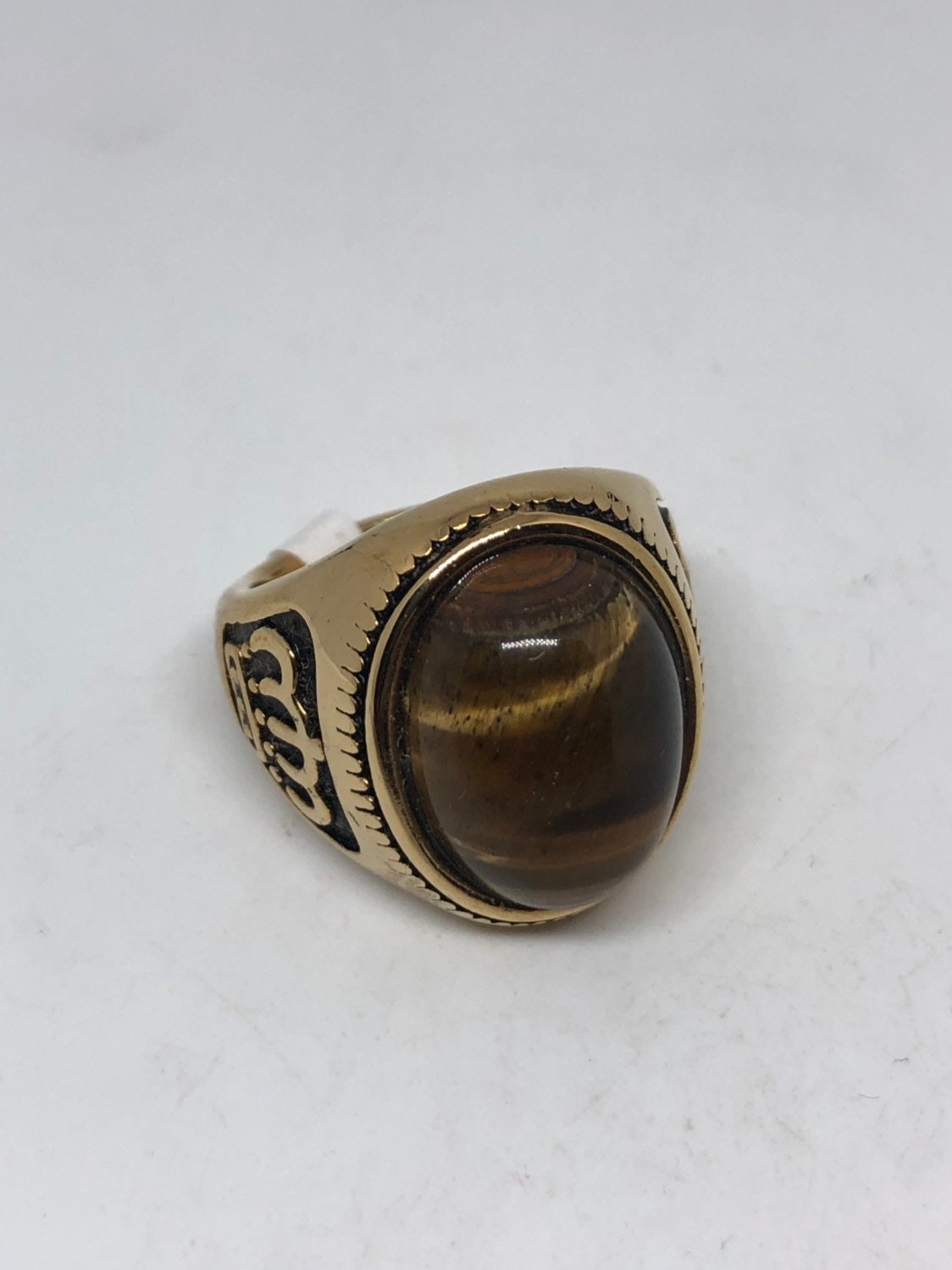 Vintage Gothic Gold Finished Stainless Steel Genuine Tigers Eye Crown Ring