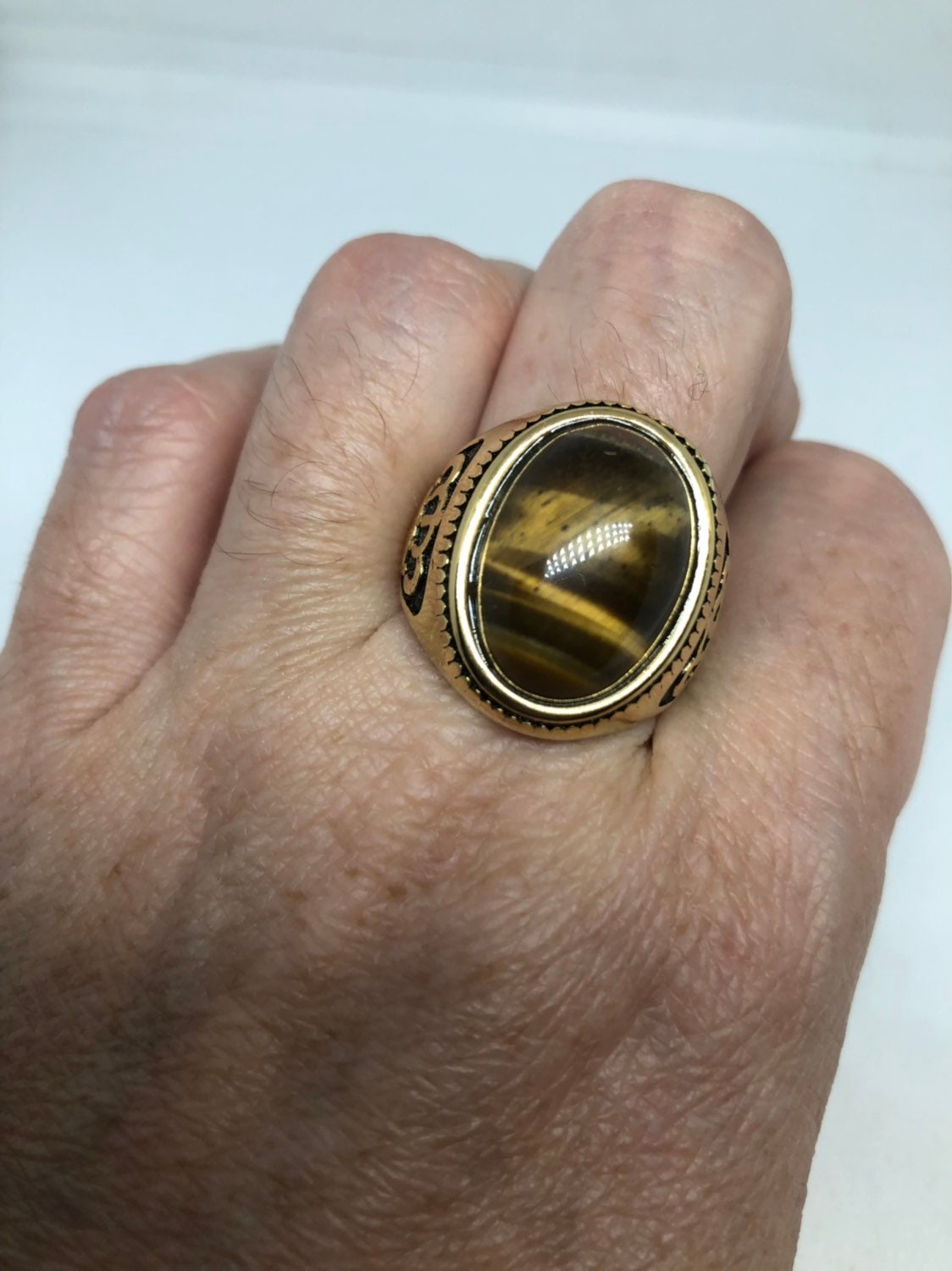 Vintage Gothic Gold Finished Stainless Steel Genuine Tigers Eye Crown Ring