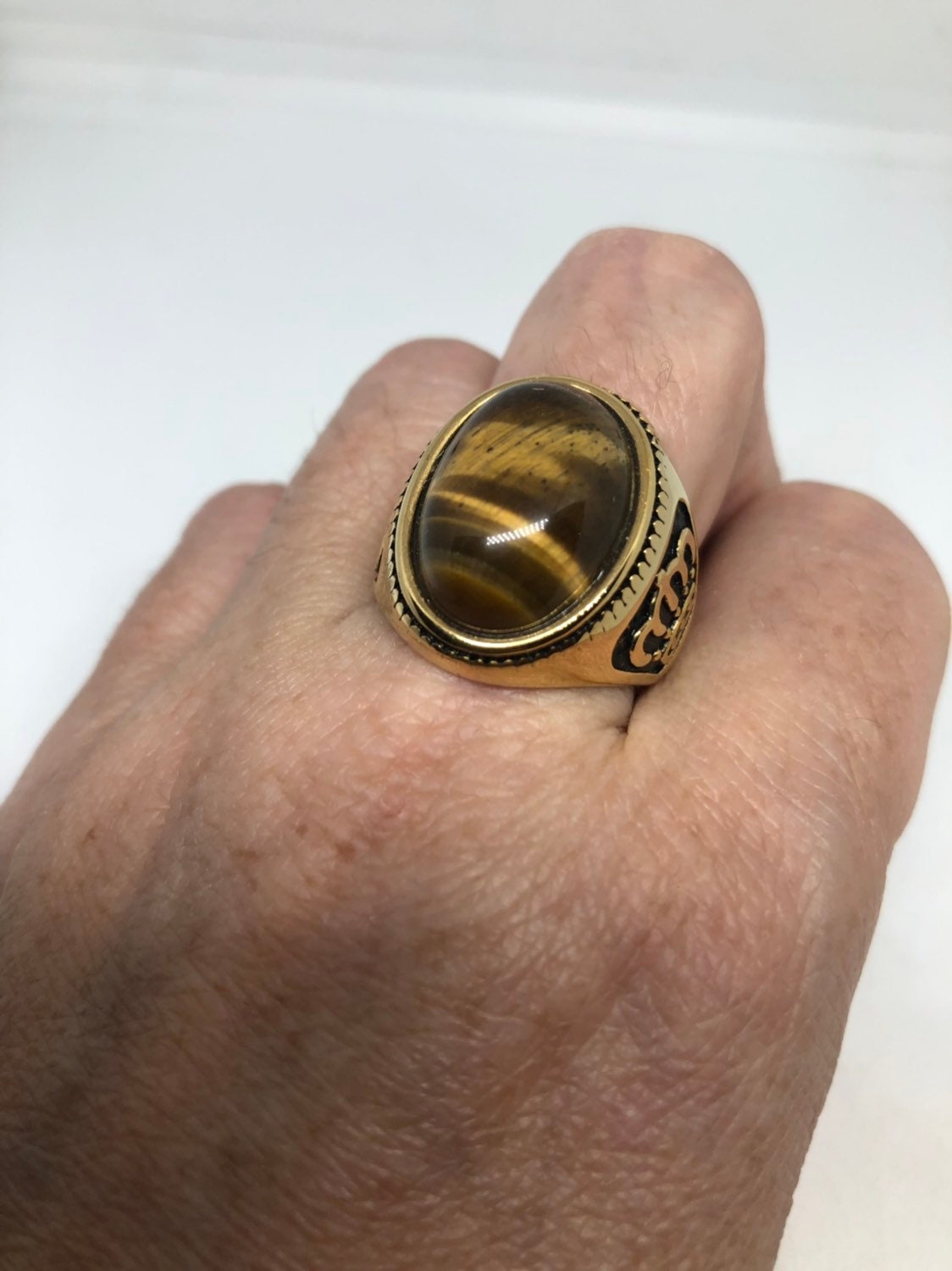 Vintage Gothic Gold Finished Stainless Steel Genuine Tigers Eye Crown Ring