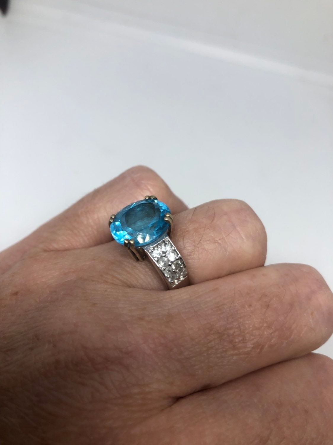 Vintage Genuine Blue Topaz 925 Sterling Silver Rhodium Ring