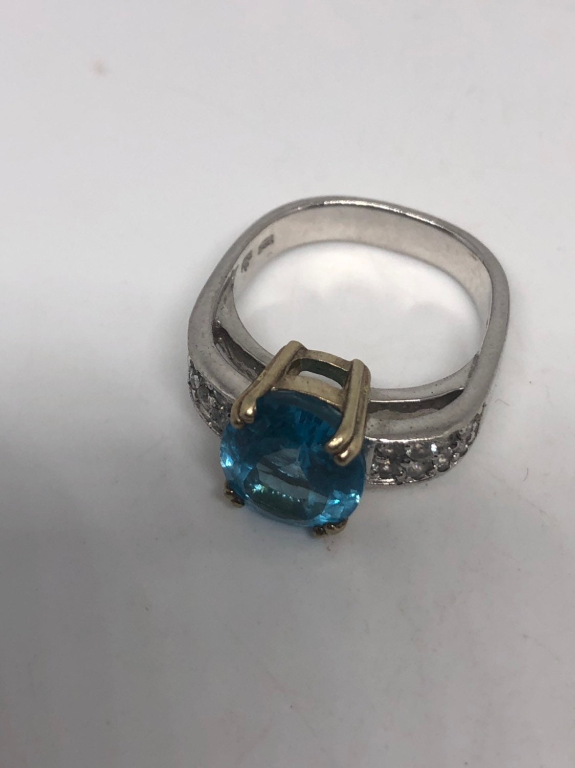 Vintage Genuine Blue Topaz 925 Sterling Silver Rhodium Ring