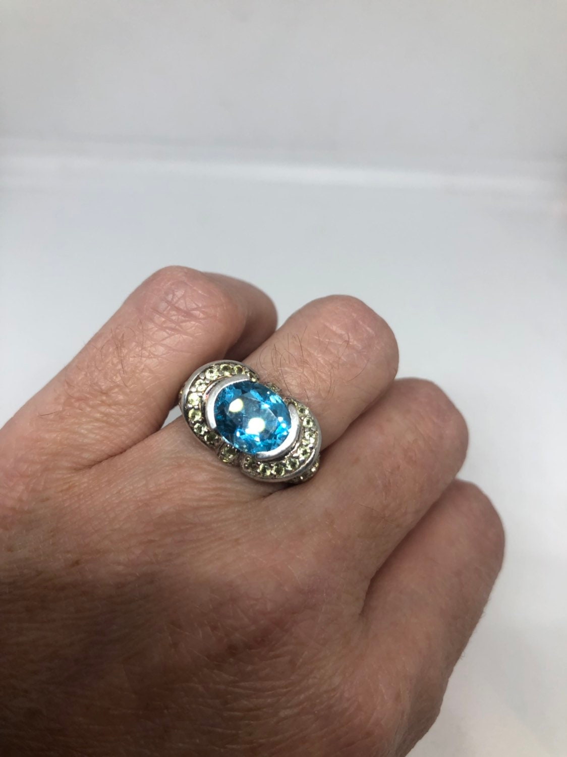 Vintage Genuine Blue Topaz 925 Sterling Silver Golden Rhodium Ring