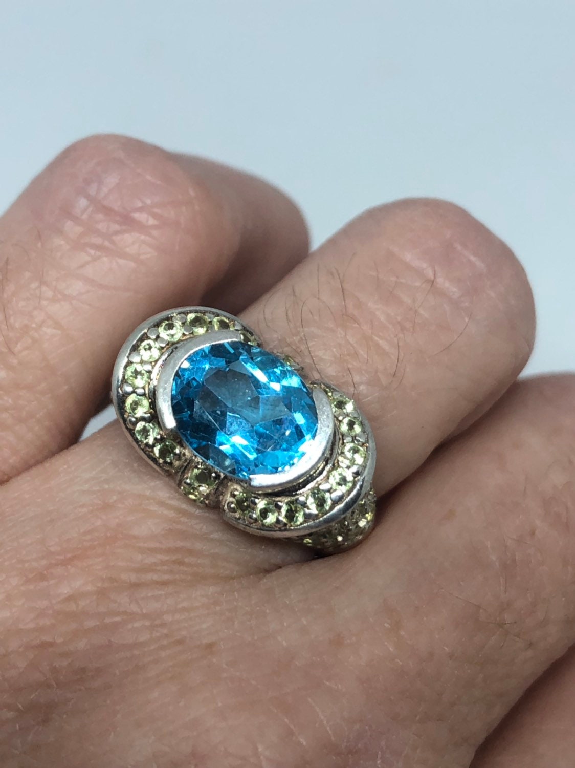 Vintage Genuine Blue Topaz 925 Sterling Silver Golden Rhodium Ring