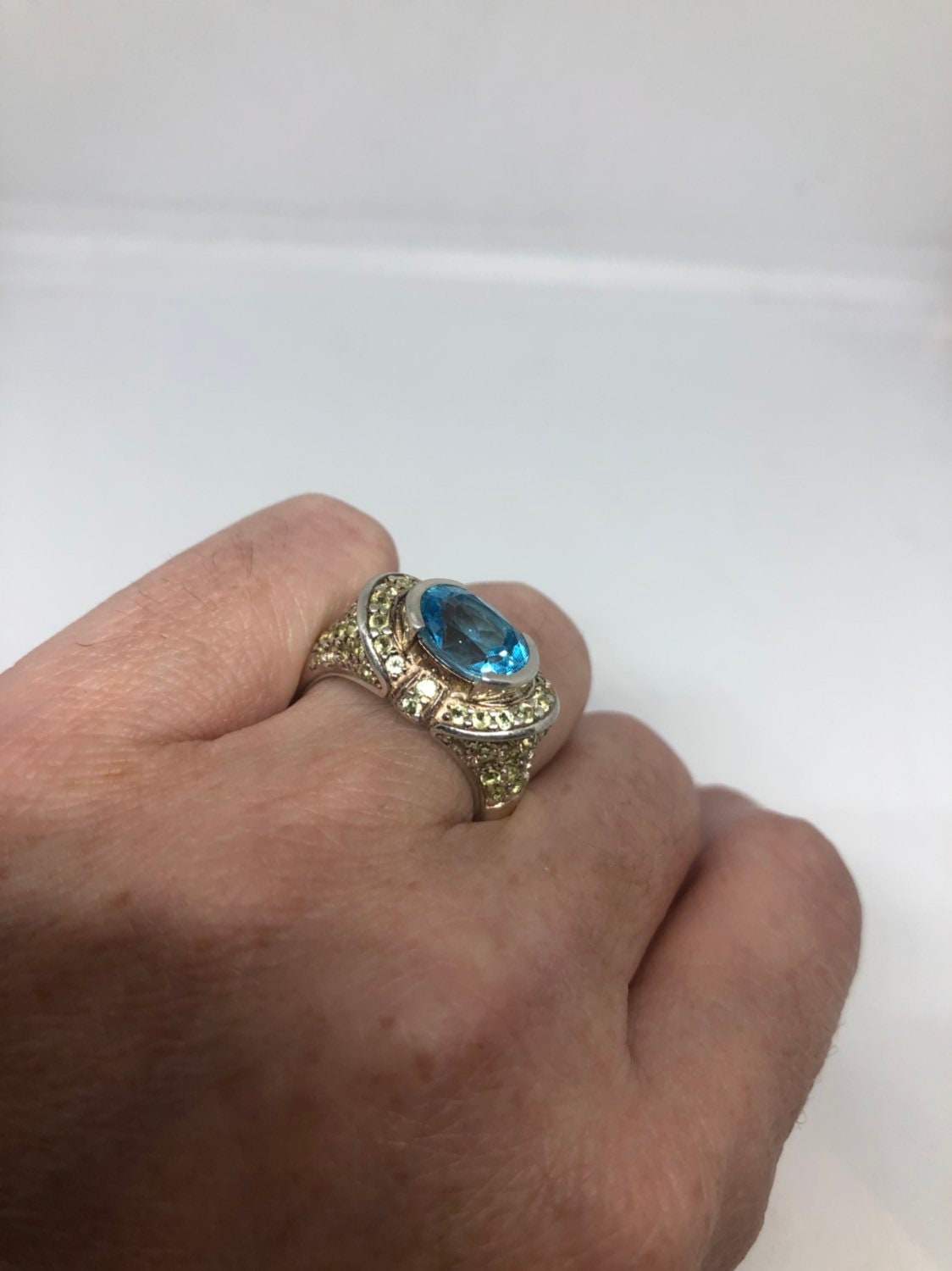 Vintage Genuine Blue Topaz 925 Sterling Silver Golden Rhodium Ring