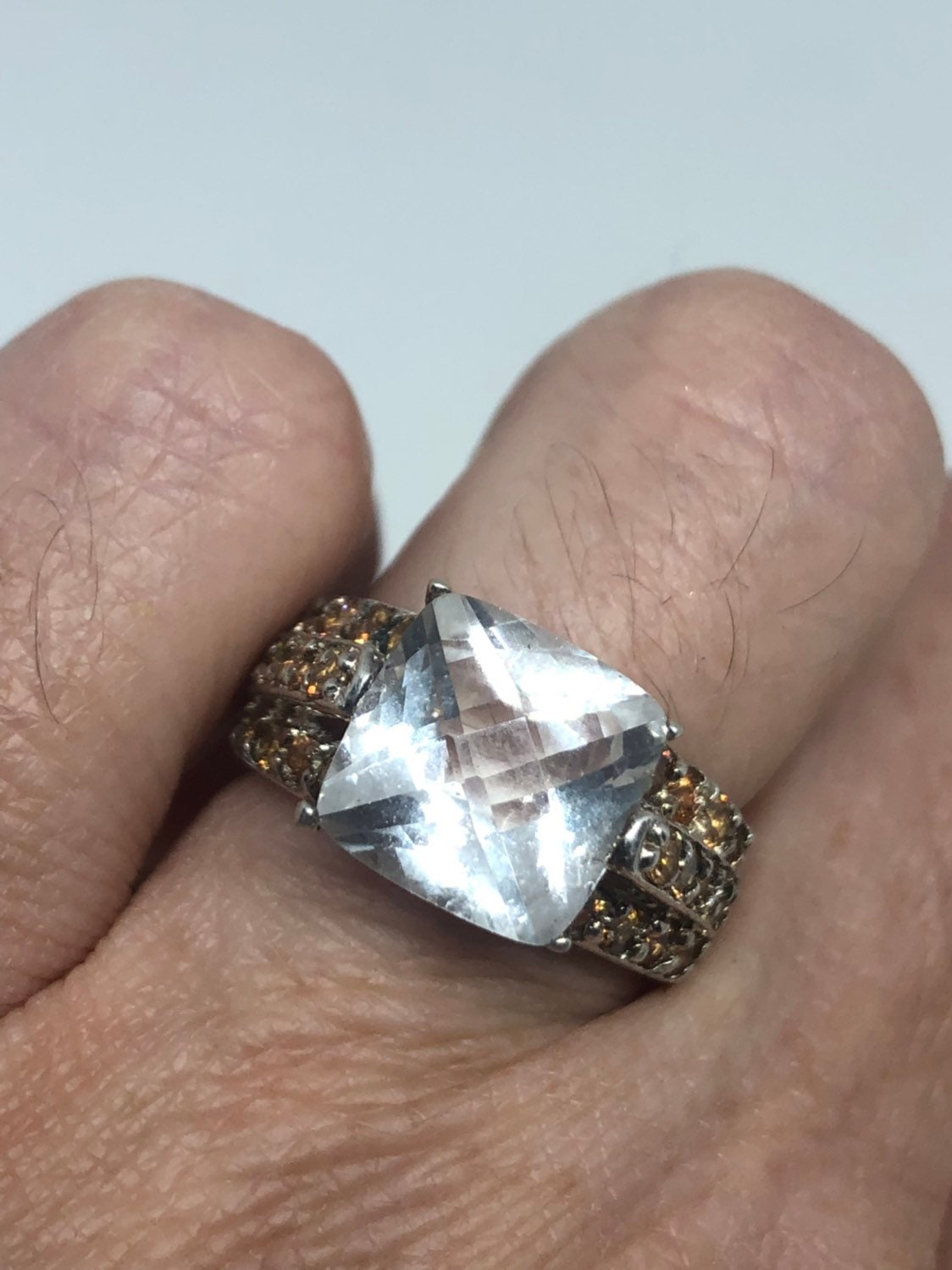 Vintage White Sapphire Crystal Citrine Sterling Silver Ring