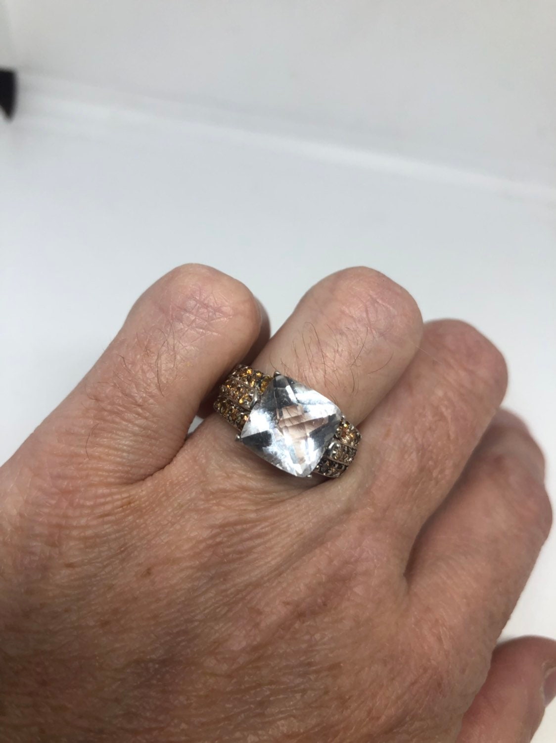 Vintage White Sapphire Crystal Citrine Sterling Silver Ring