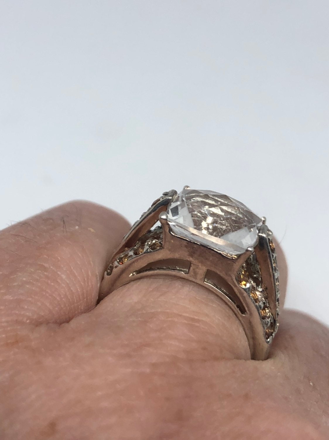 Vintage White Sapphire Crystal Citrine Sterling Silver Ring