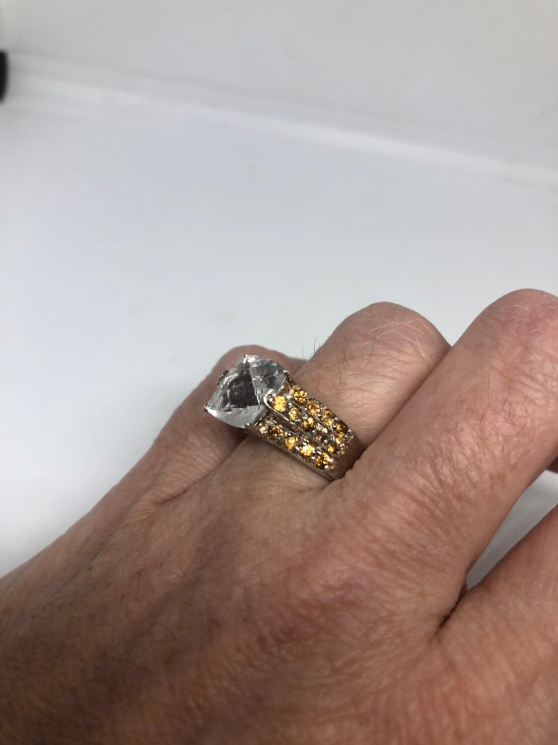 Vintage White Sapphire Crystal Citrine Sterling Silver Ring