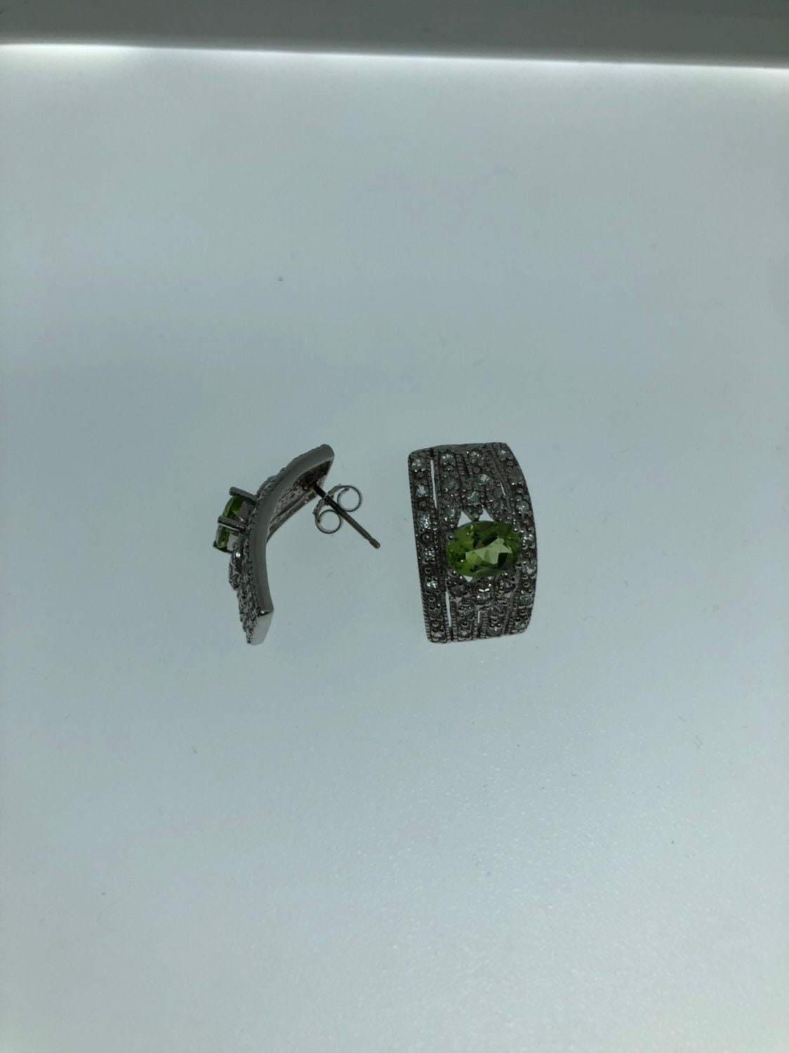 Vintage Handmade Sterling Silver Genuine Green Peridot and White Sapphire Earrings