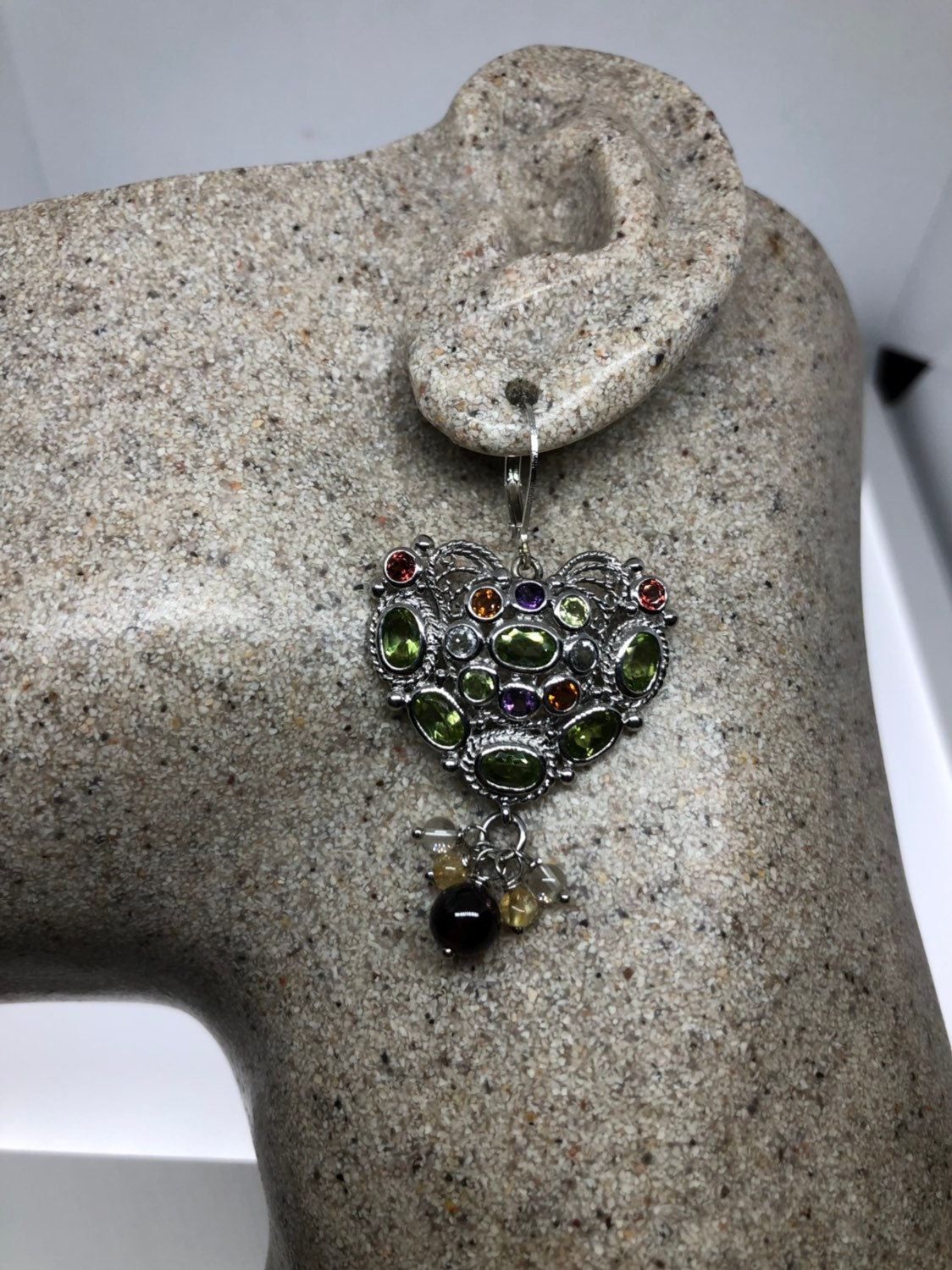 Vintage 925 Sterling Silver Genuine Green Peridot and Mixed Gemstone Heart Earrings