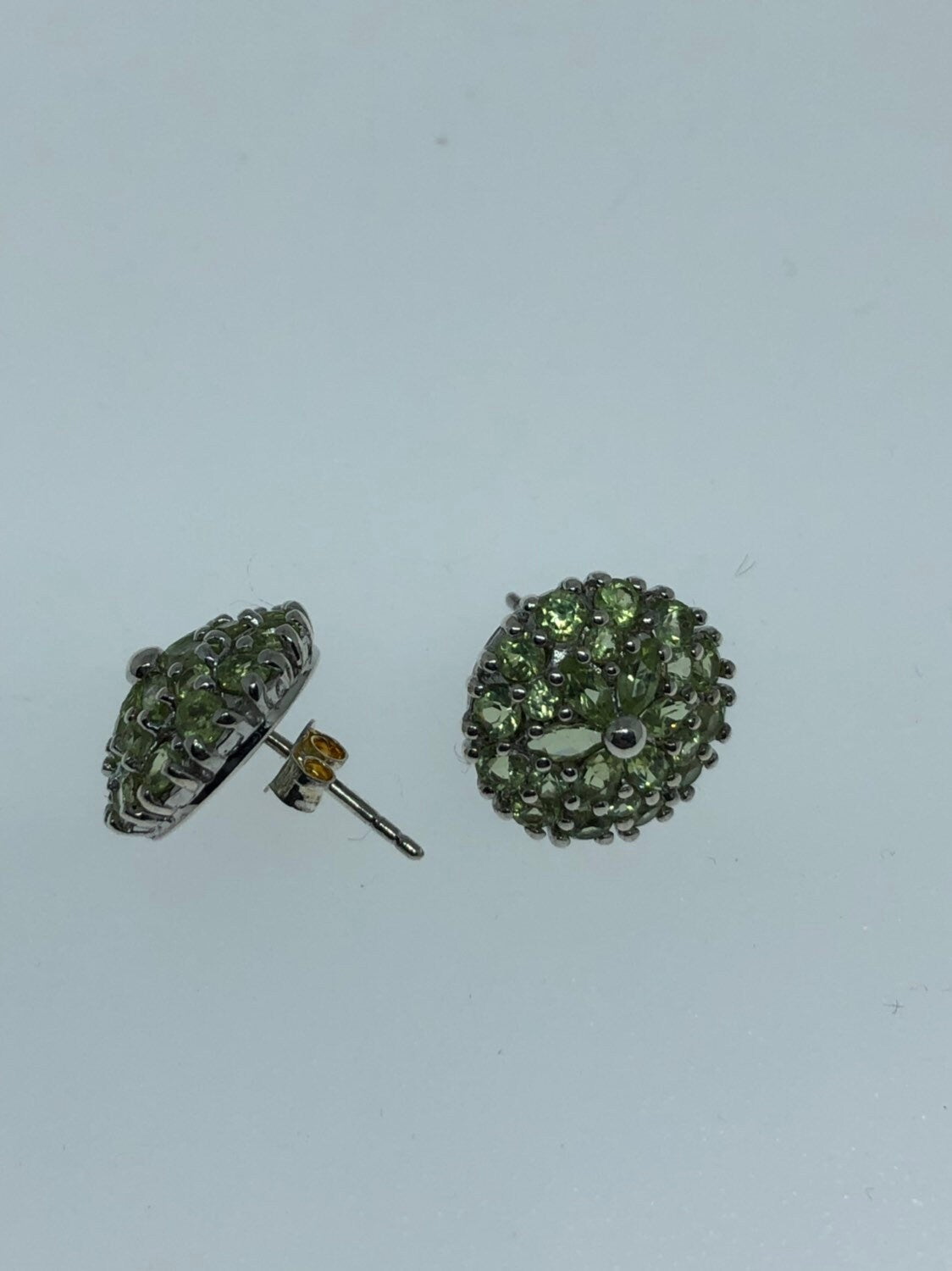 Vintage Handmade Sterling Silver Genuine Green Peridot Stud button Earrings