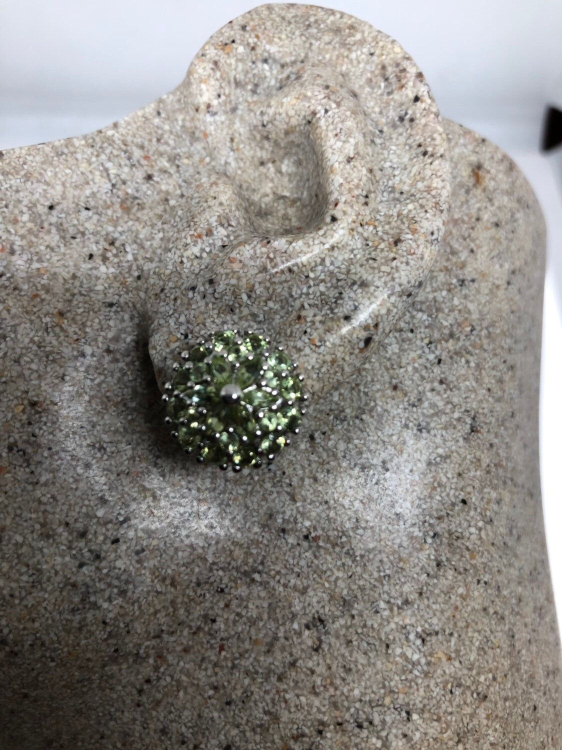 Vintage Handmade Sterling Silver Genuine Green Peridot Stud button Earrings