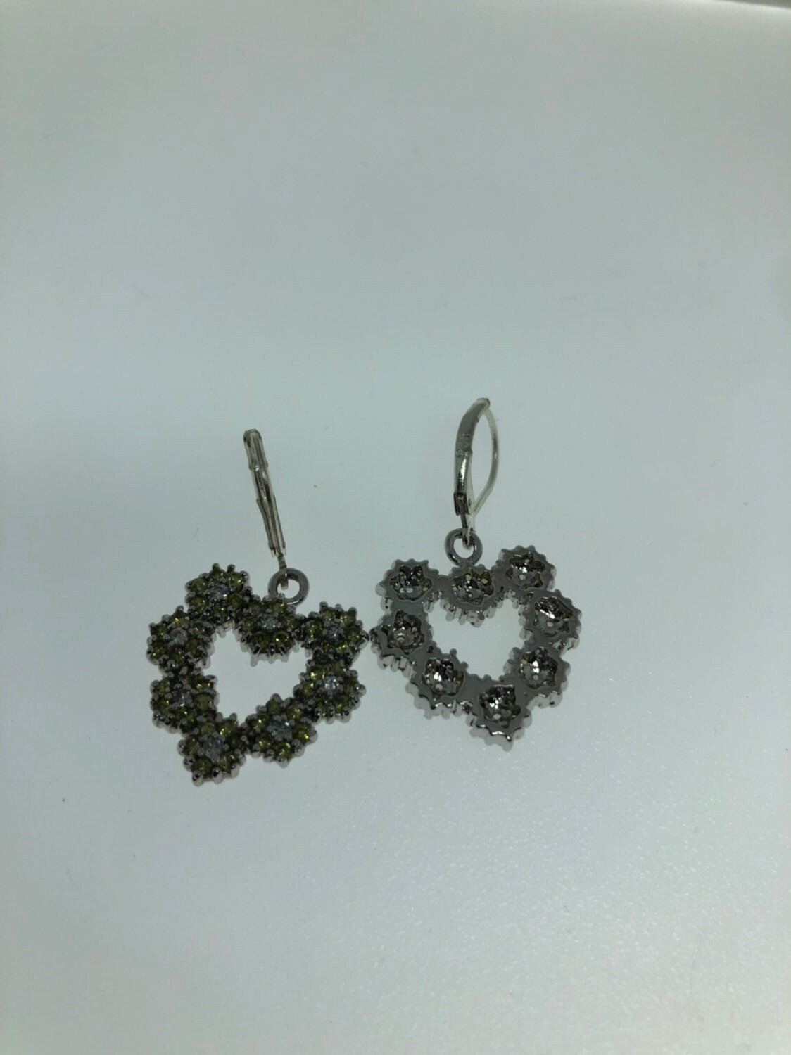 Vintage Handmade Sterling Silver Genuine Green Peridot HEart Earrings