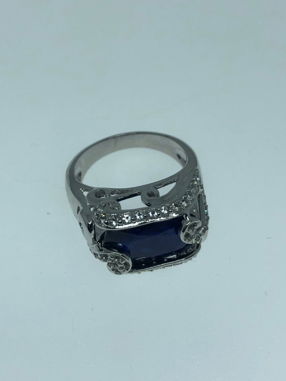 Vintage Handmade Deep Blue Sapphire and White 925 Sterling Silver Gothic Ring