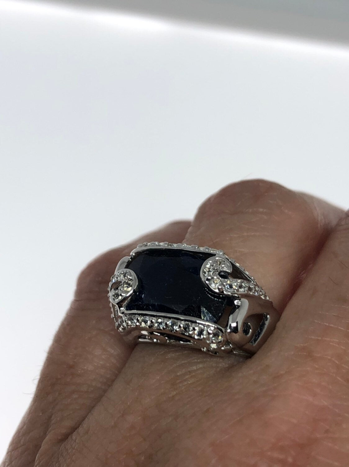 Vintage Handmade Deep Blue Sapphire and White 925 Sterling Silver Gothic Ring