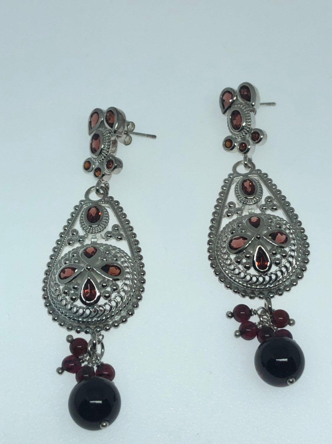 Vintage 925 Sterling Silver Bohemian Garnet Dangle Chandelier Earrings