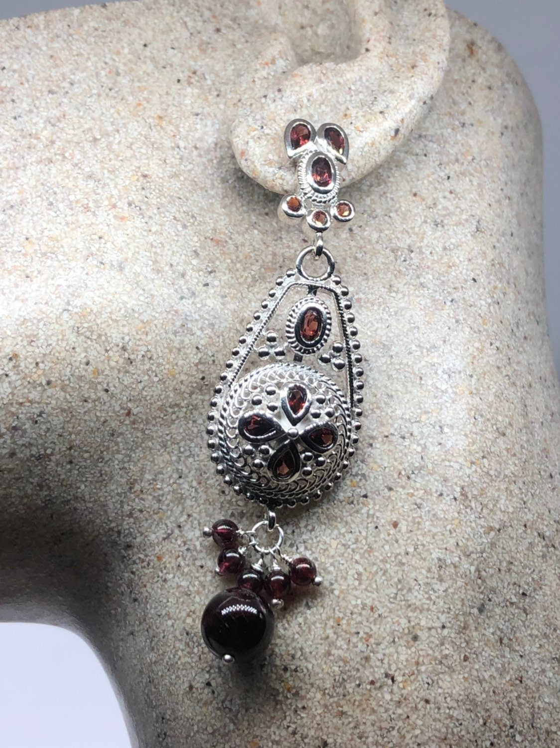 Vintage 925 Sterling Silver Bohemian Garnet Dangle Chandelier Earrings