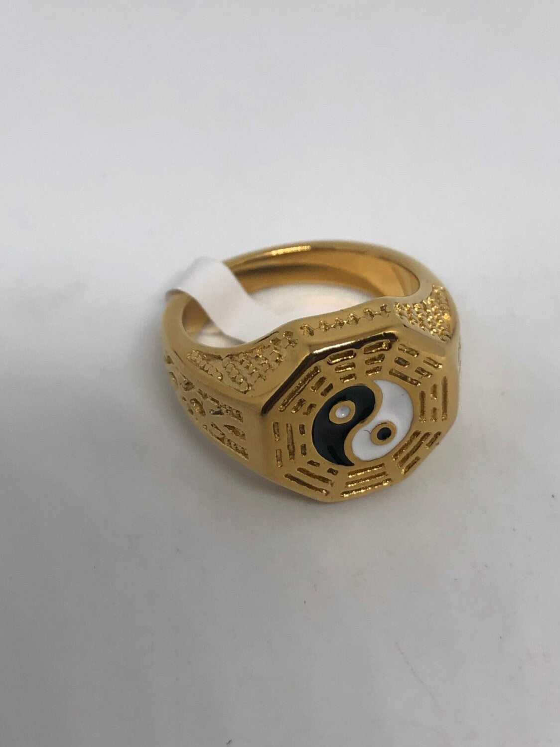 Vintage Ying Yang Mens MArtial Arts Golden Stainless Steel Enamel Ring
