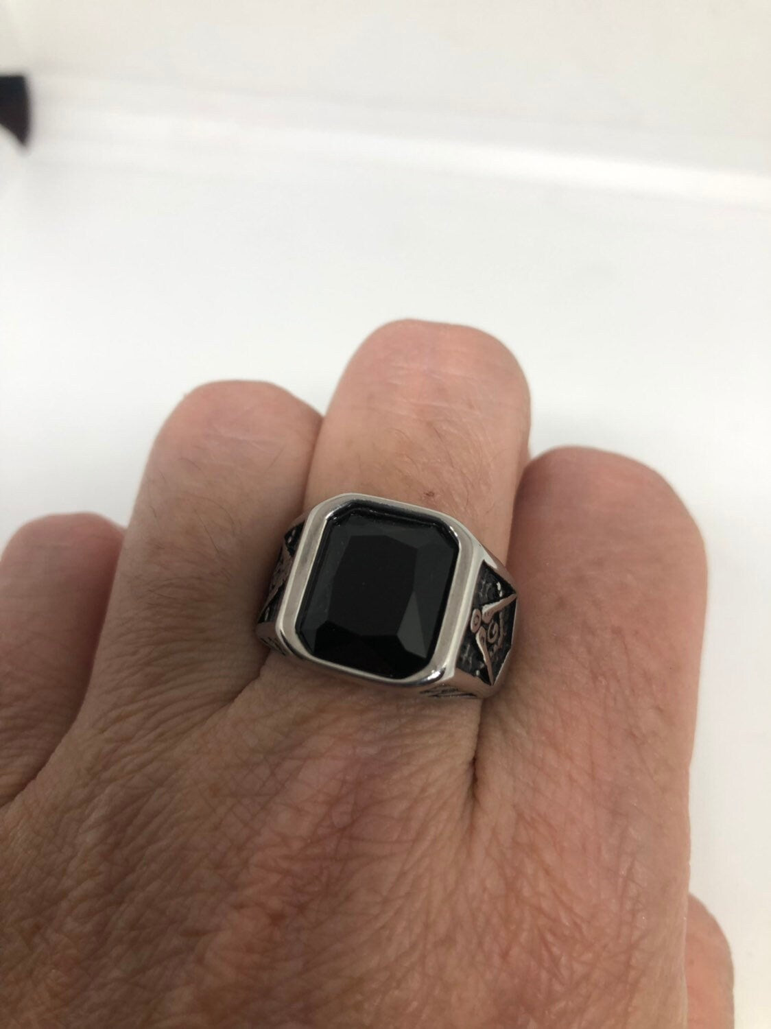 Vintage Gothic Silver Stainless Steel Genuine Black Onyx Free Mason Mens Ring