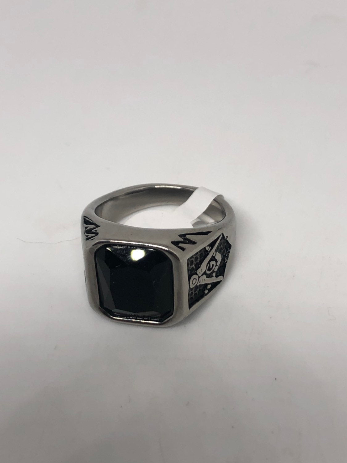 Vintage Gothic Silver Stainless Steel Genuine Black Onyx Free Mason Mens Ring