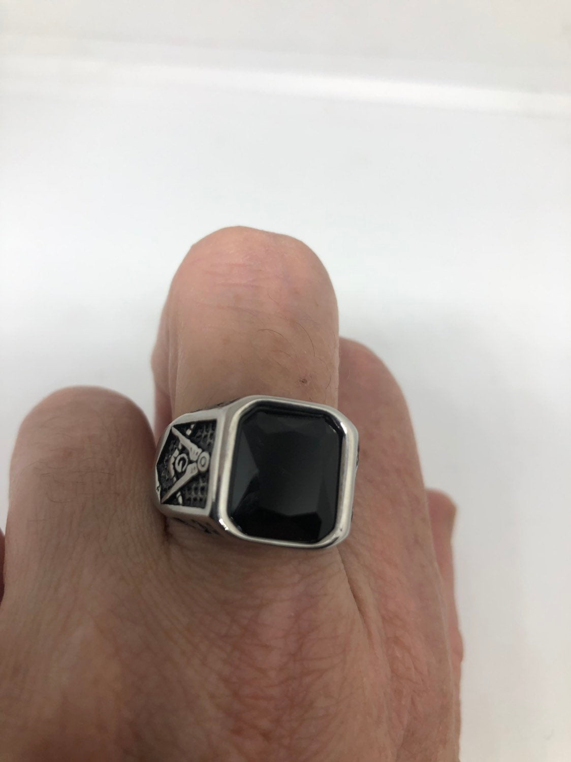 Vintage Gothic Silver Stainless Steel Genuine Black Onyx Free Mason Mens Ring