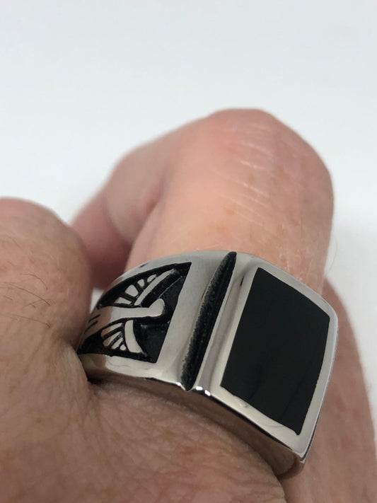 Vintage Native American Style Southwestern Black Onyx Stone Mens Thunderbird Ring