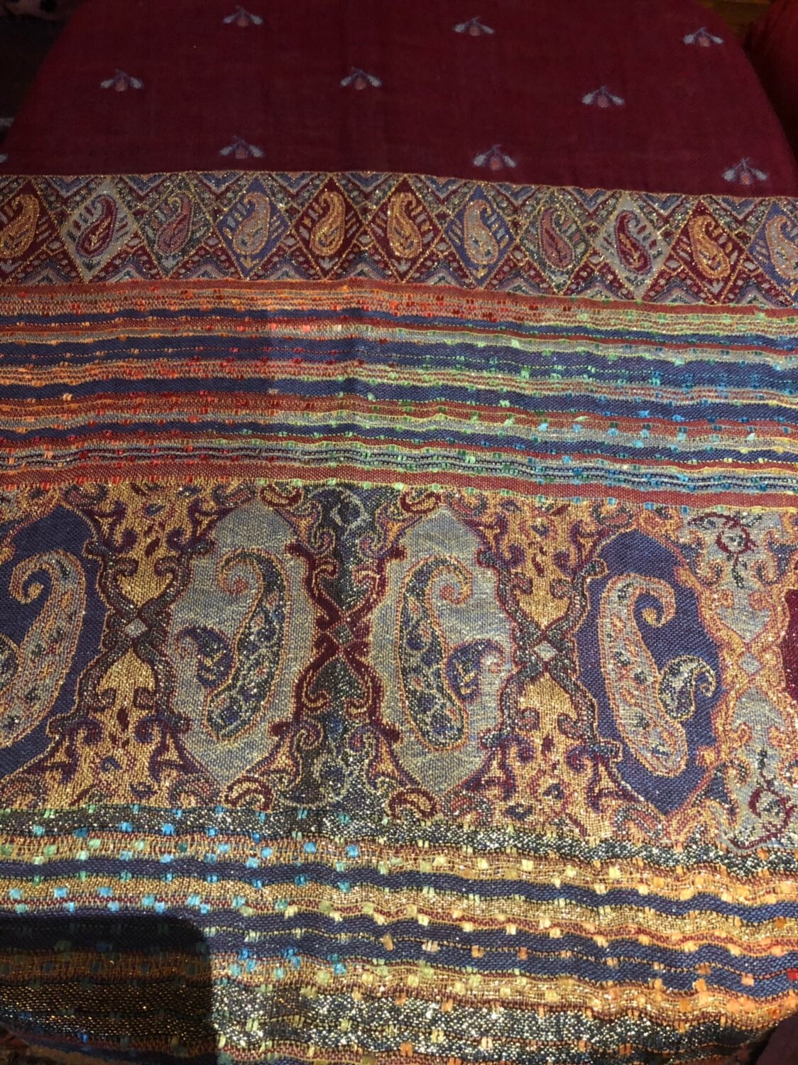 Vintage Burgudy Red Metallic Gold Paisley Brocade Pashmina Scarf Wrap