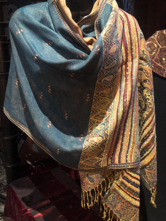 Vintage Teal Metallic Gold Paisley Brocade Pashmina Scarf Wrap