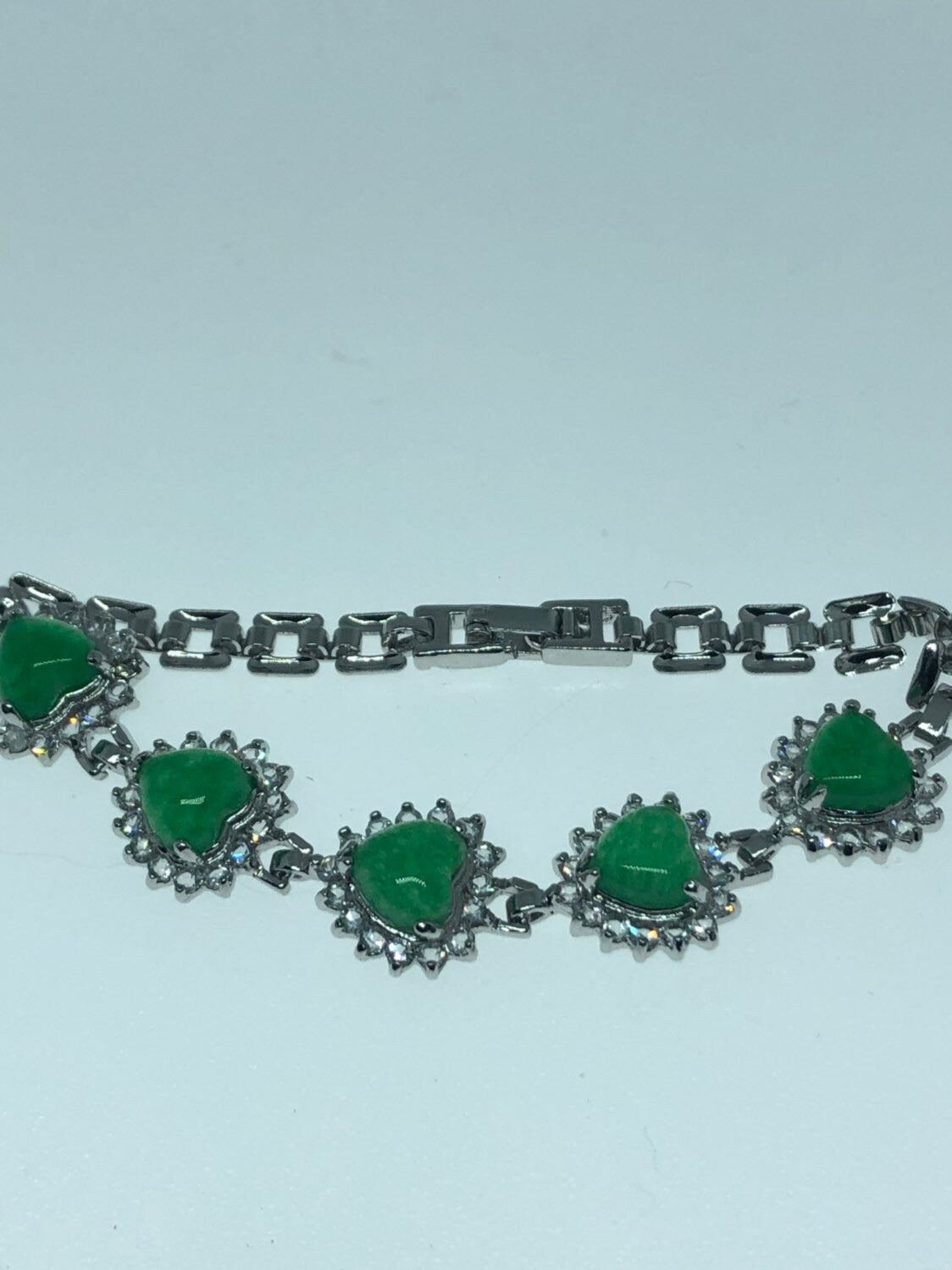 Vintage Green Jade Heart Bracelet Silver White Bronze
