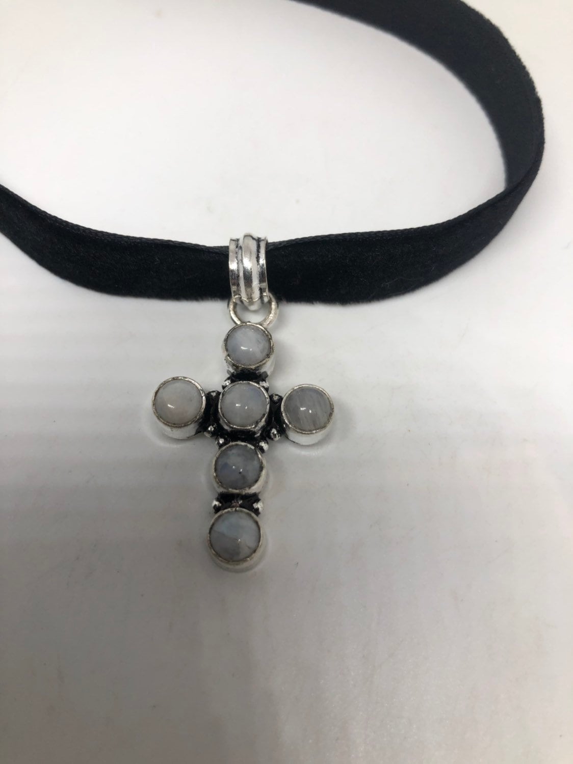 Vintage Rainbow Moonstone Cross Choker White Bronze Pendant