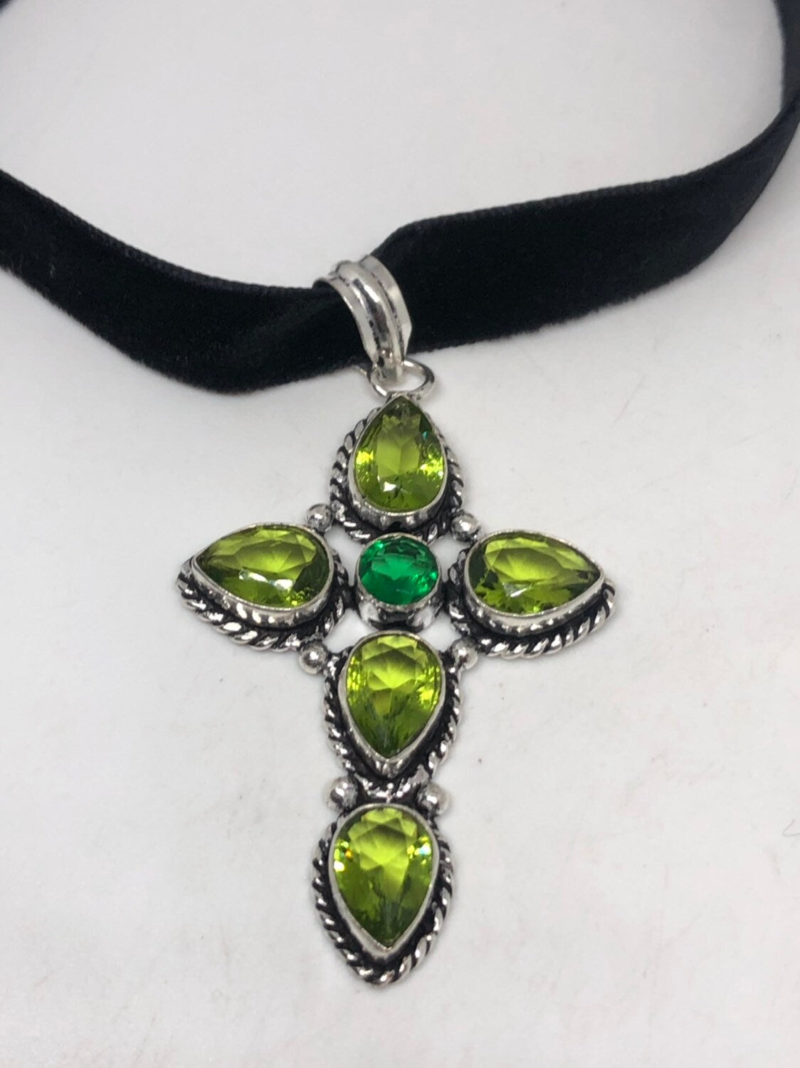 Vintage Silver Genuine Peridot Cross Pendant