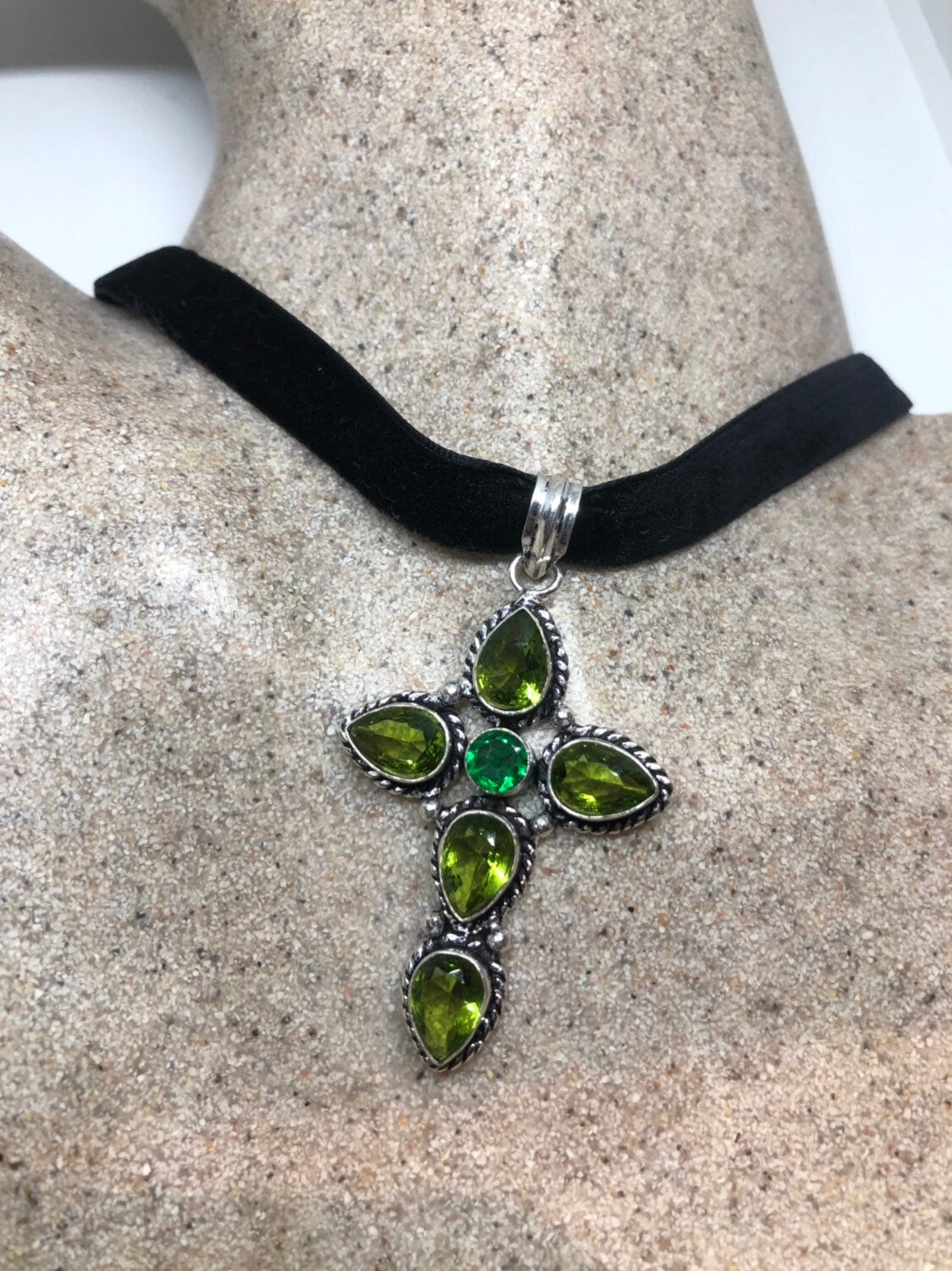 Vintage Silver Genuine Peridot Cross Pendant