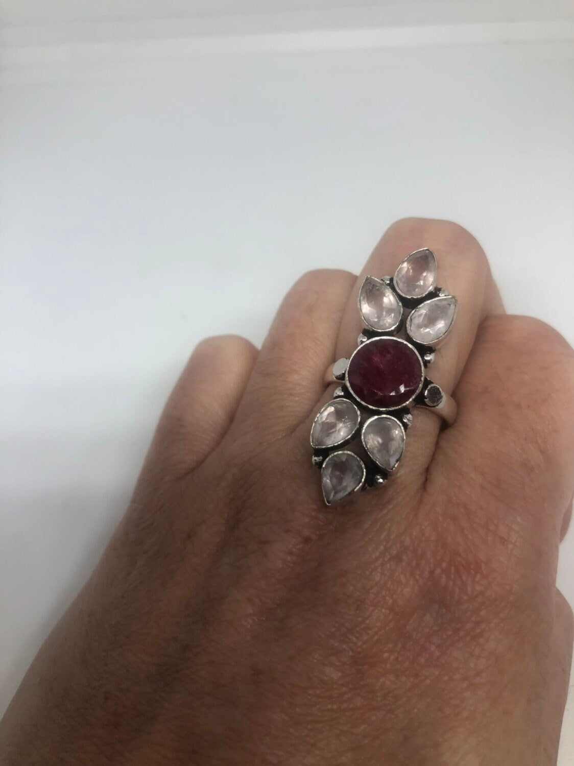 Vintage Genuine Rose Quartz Ruby Ring Silver Statement