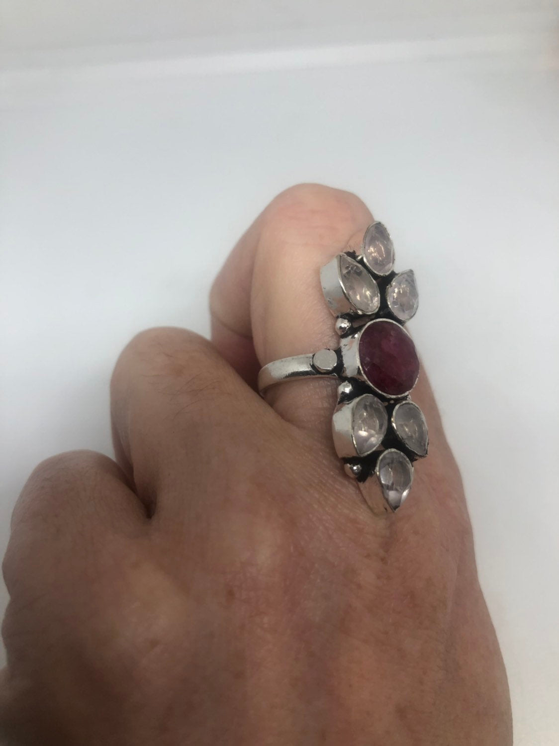 Vintage Genuine Rose Quartz Ruby Ring Silver Statement