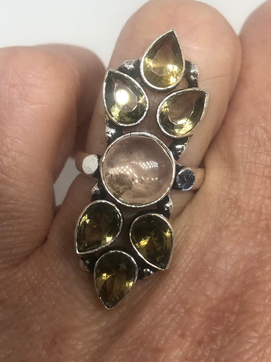 Vintage Genuine Rose Quartz And Topaz Ring Silver Statement