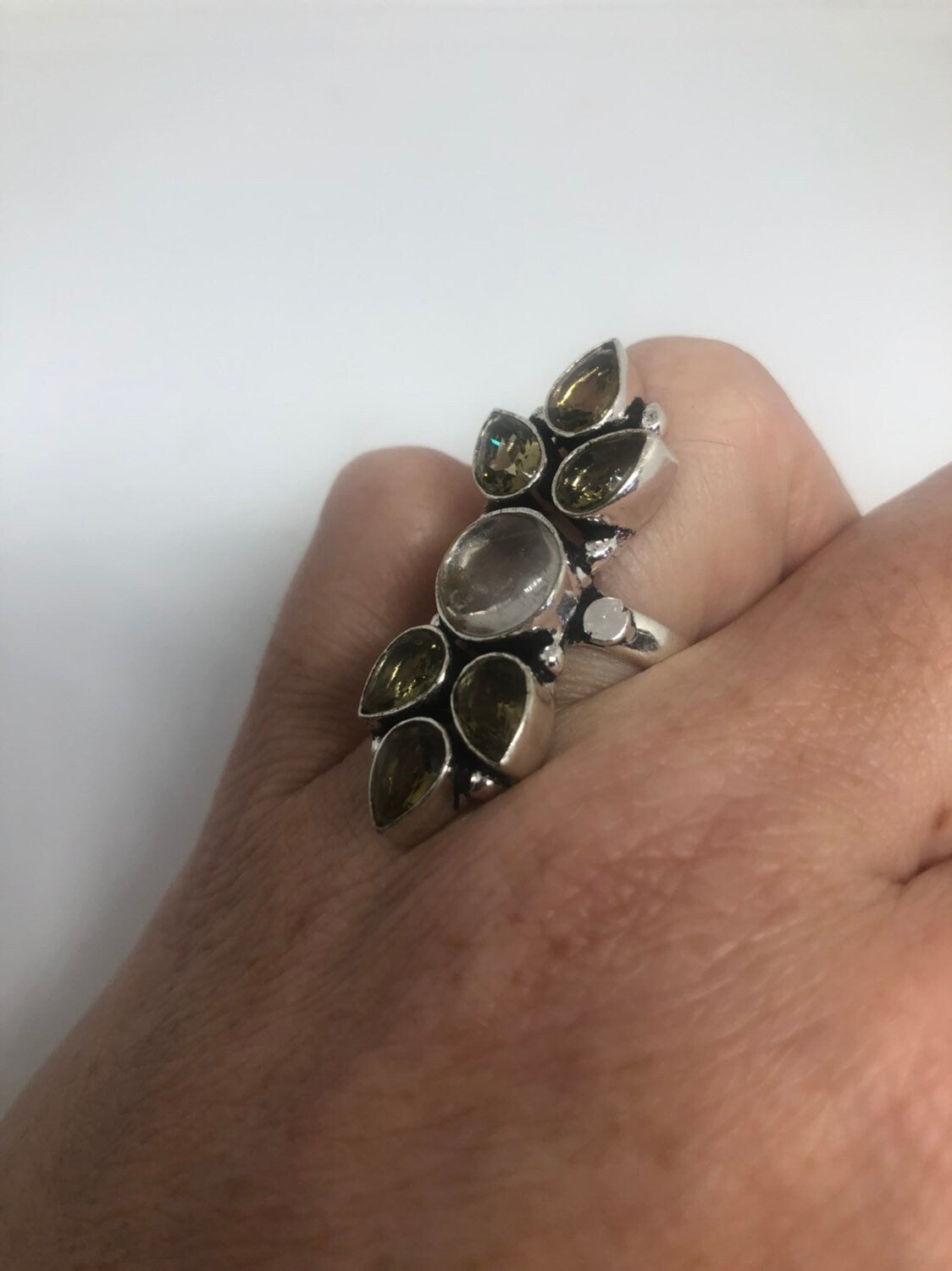 Vintage Genuine Rose Quartz And Topaz Ring Silver Statement
