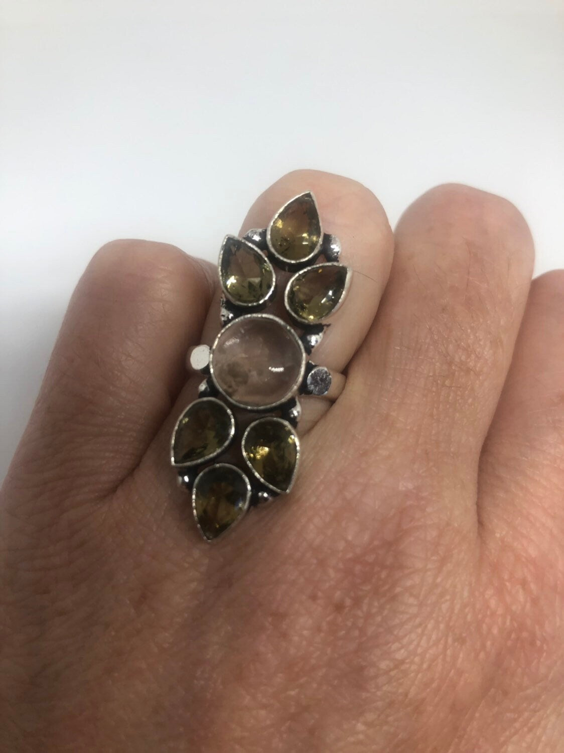 Vintage Genuine Rose Quartz And Topaz Ring Silver Statement