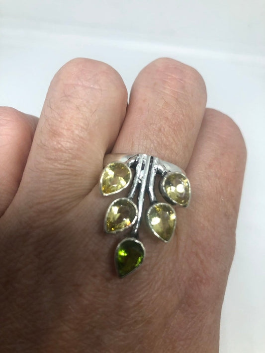 Vintage Citrine Peridot Filigree Silver Ring