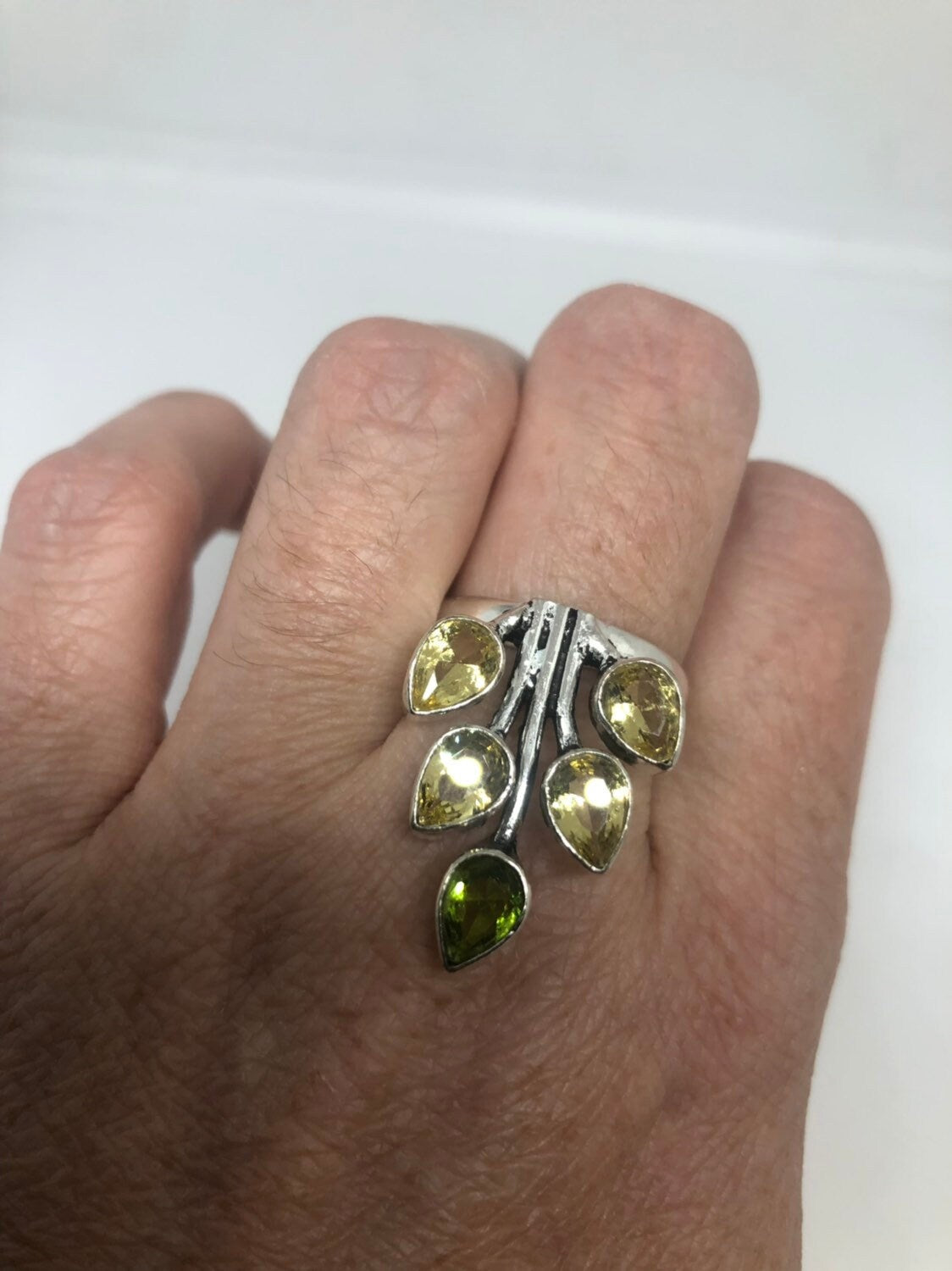 Vintage Citrine Peridot Filigree Silver Ring