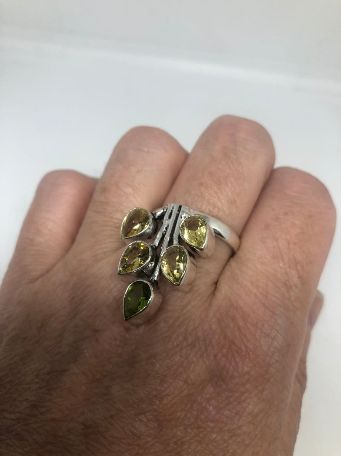 Vintage Citrine Peridot Filigree Silver Ring