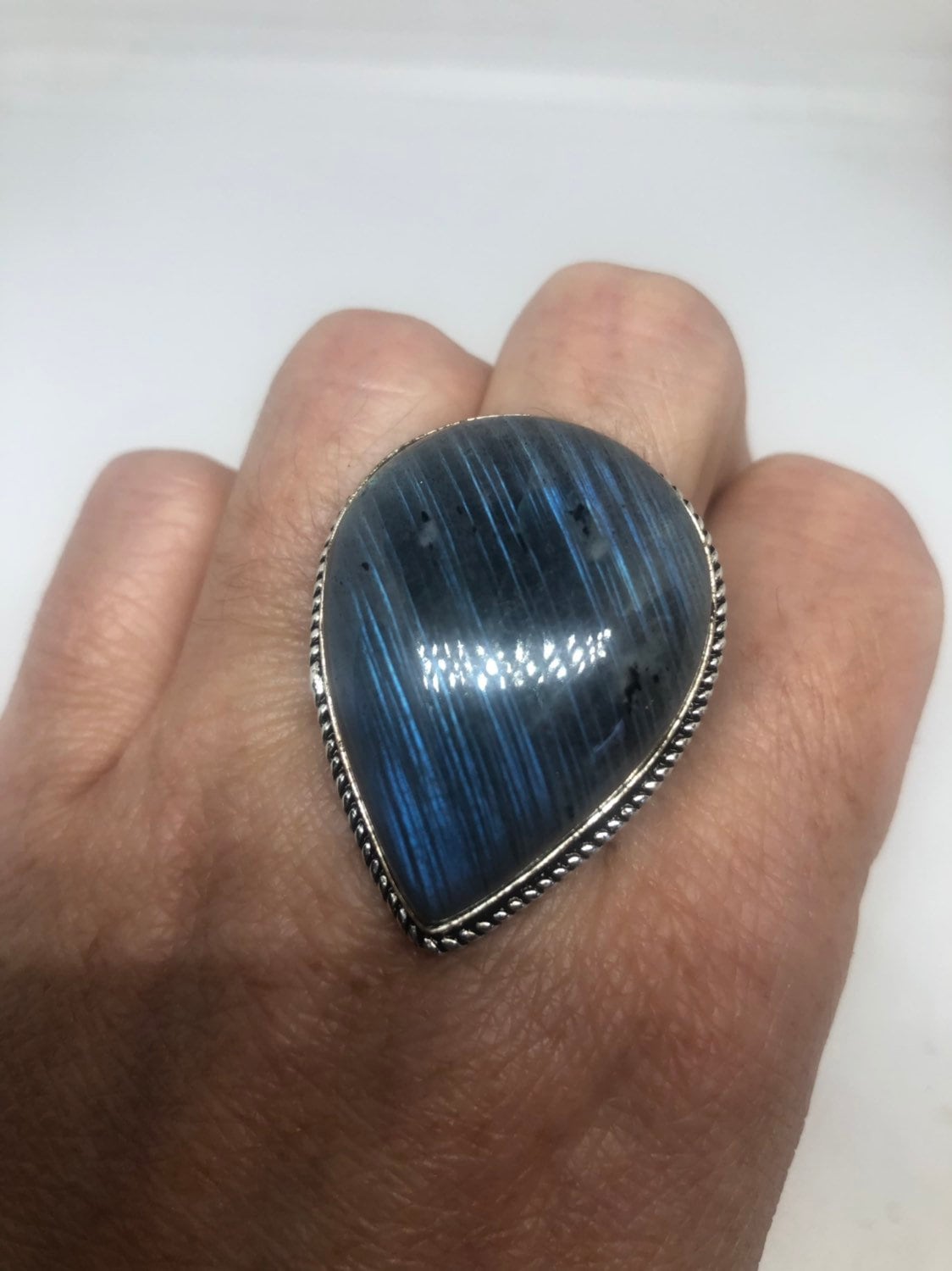 Vintage Blue Green Labradorite Stone Silver Ring