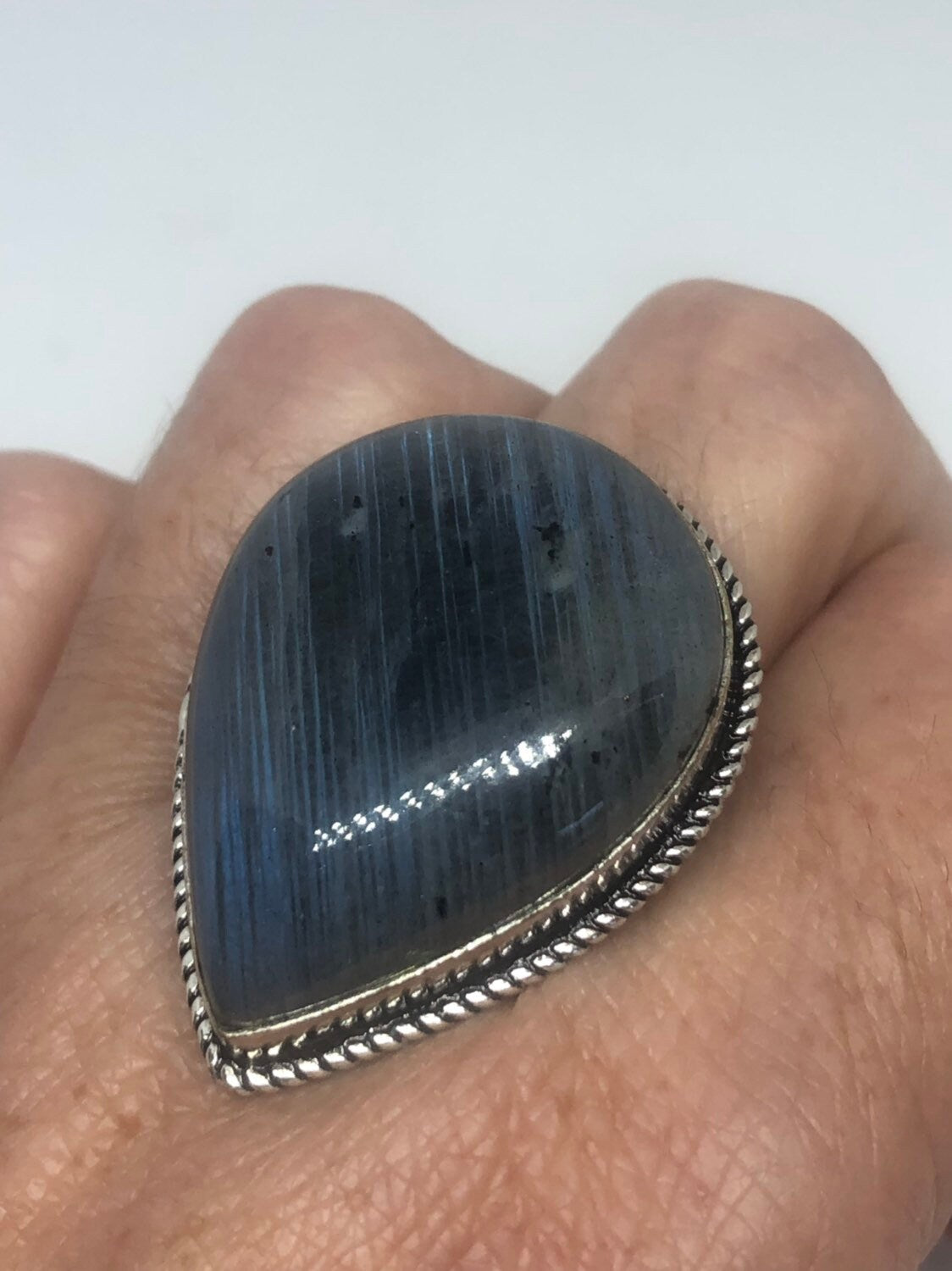 Vintage Blue Green Labradorite Stone Silver Ring