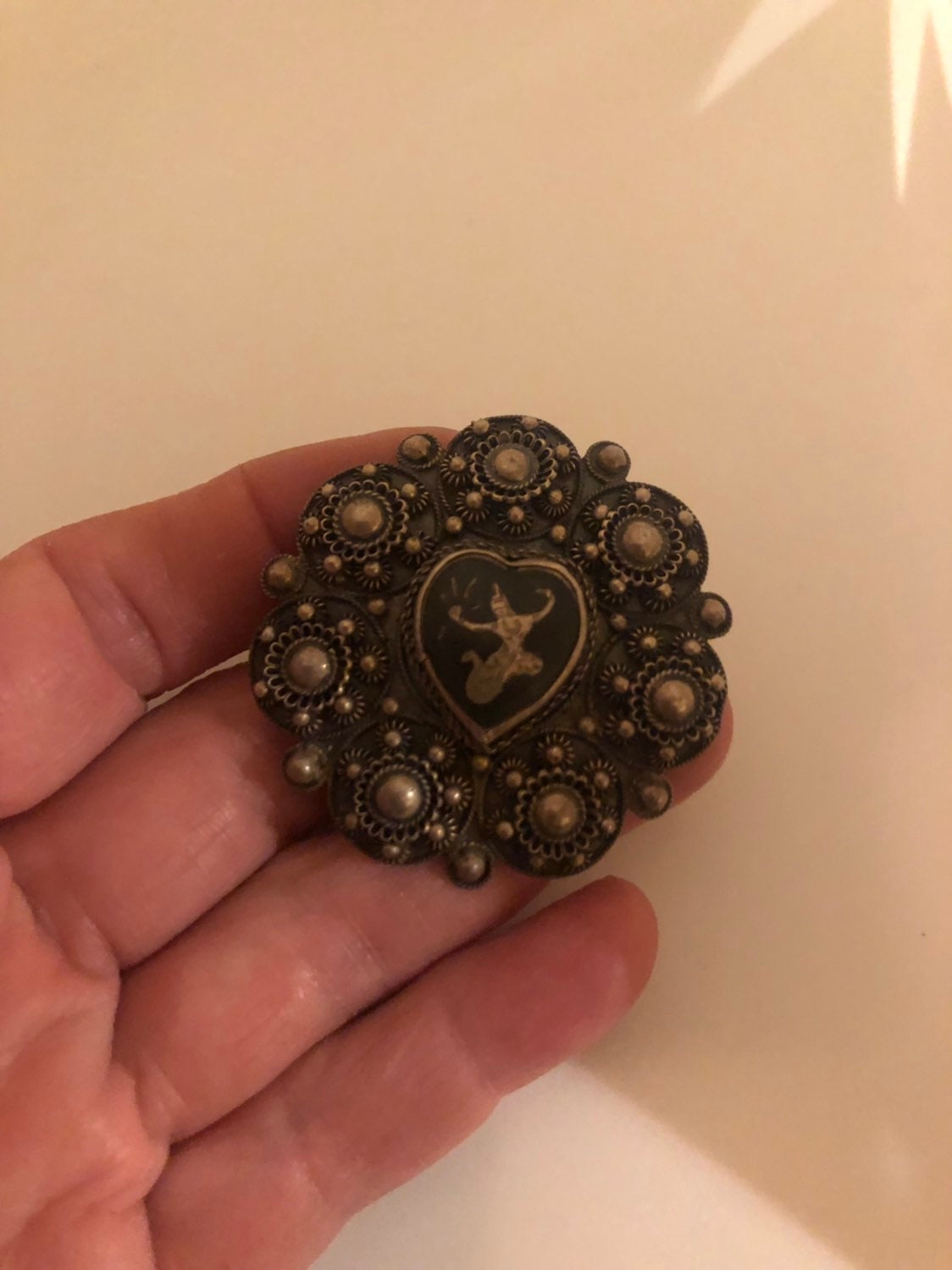 Vintage Hand Made Dancing Goddess Siam 925 Sterling Silver Heart Brooch Pin