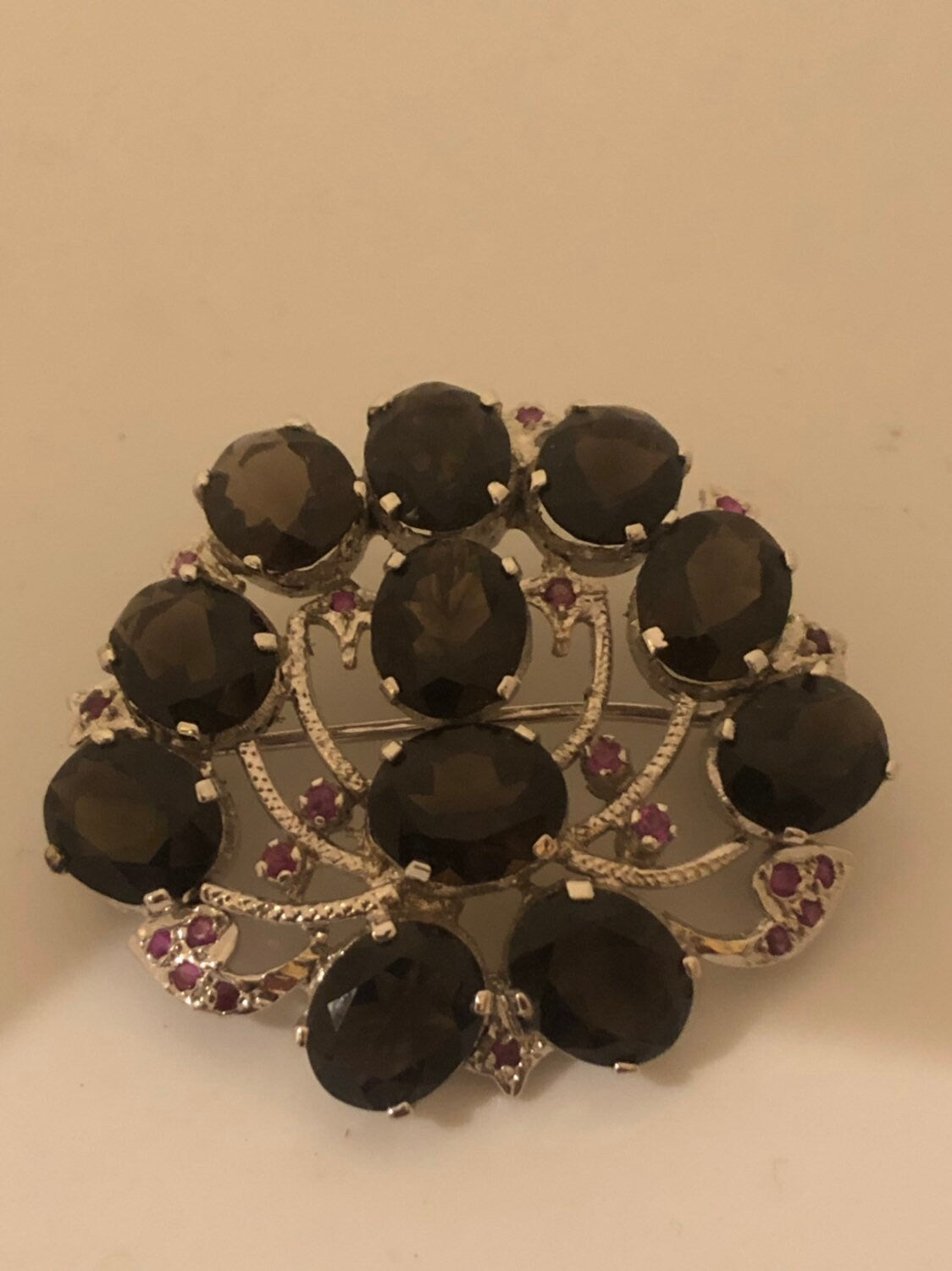 Vintage Handmade Smoky Topaz and Genuine Ruby 925 Sterling Silver Rhodium Brooch Necklace