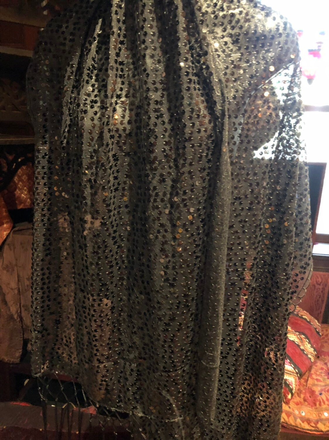 Vintage Styled Sheer Black Sequined Embroidered Wrap Shawl