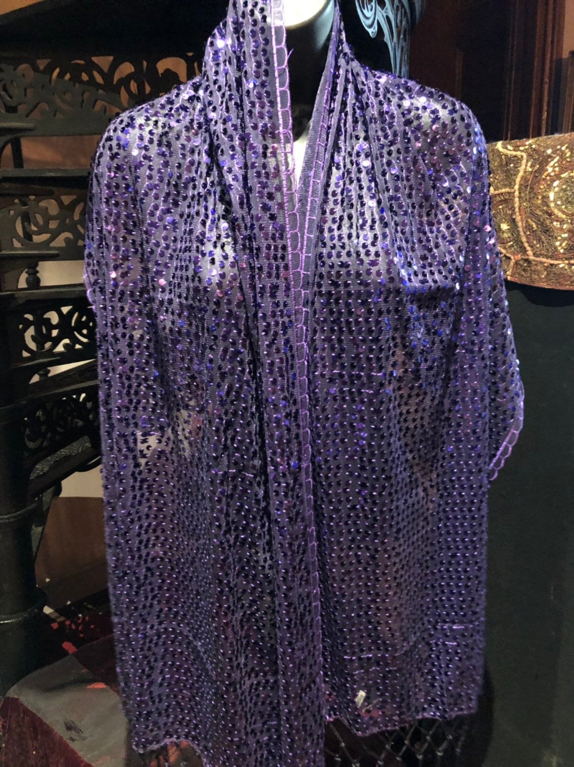 Vintage Styled Sheer Purple Sequined Embroidered Wrap Shawl