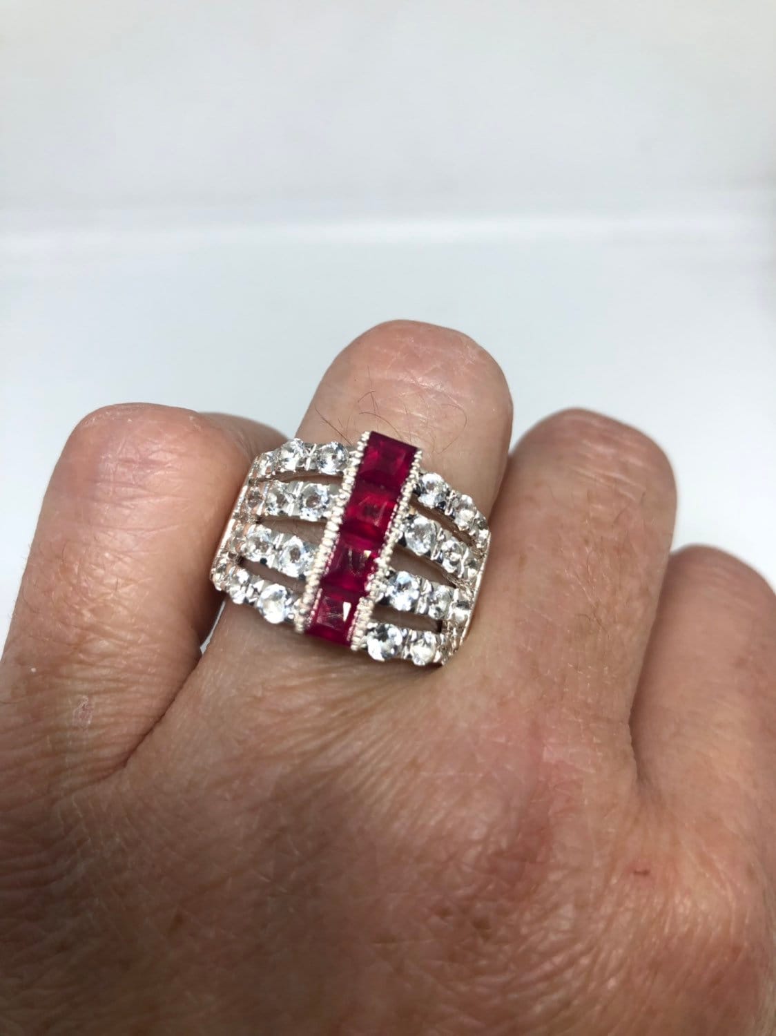 Vintage Handmade Pink Ruby and White Sapphire Setting Sterling Silver Gothic Ring