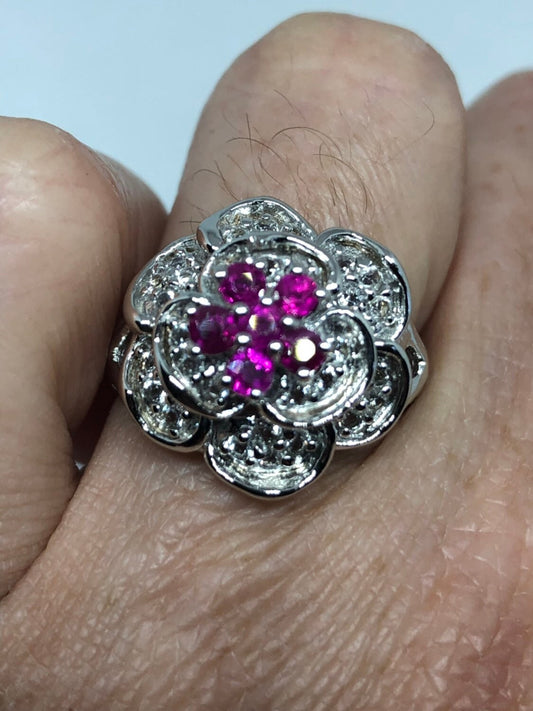 Vintage Handmade Pink Ruby and White Sapphire Setting Sterling Silver Gothic Ring